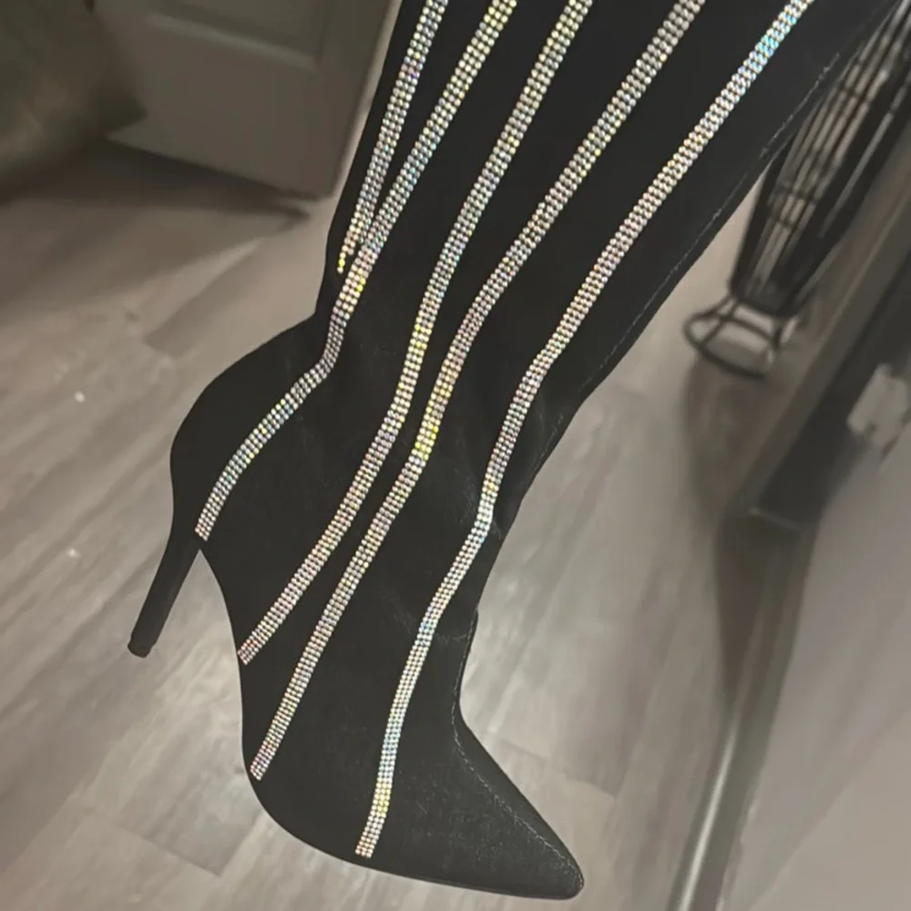 Cape Robbin🔥Black Stiletto Heel Rhinestone Striped Thigh Denim Boots for Women